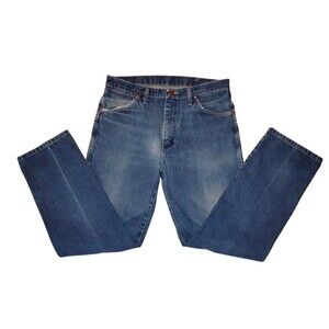 VTG Wrangler Mens Denim Blue Jeans 34x31 Regular Fit Distressed Chore Western